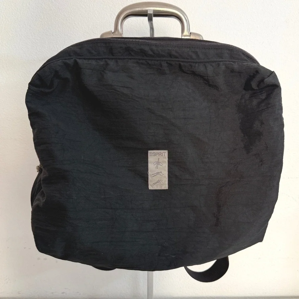 Vintage Esprit Black Nylon Backpack Metal Handle Industrial 90s Bag